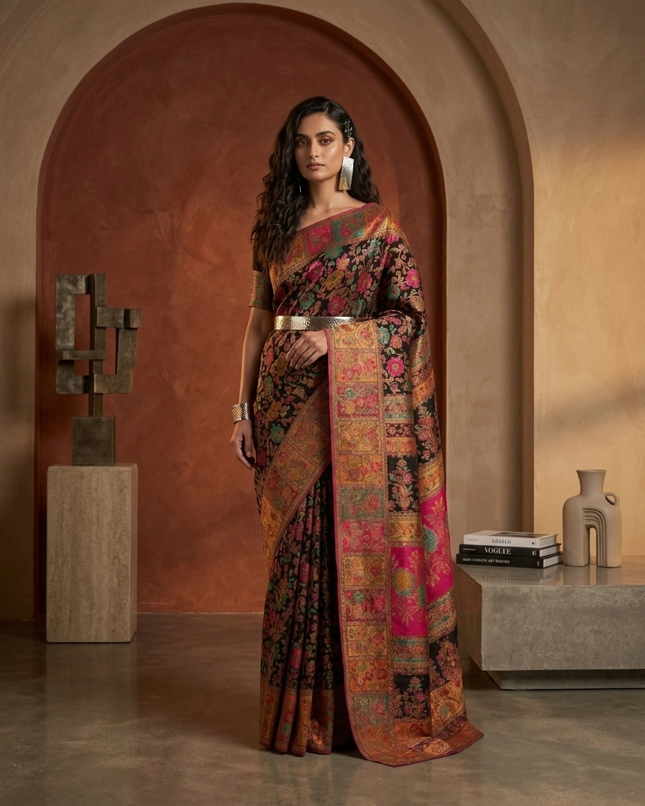 Craftique Kashmir Designer Saree and Blouse Set | Premium Cotton Self Woven | Kalamkaari Black Colorful Motifs