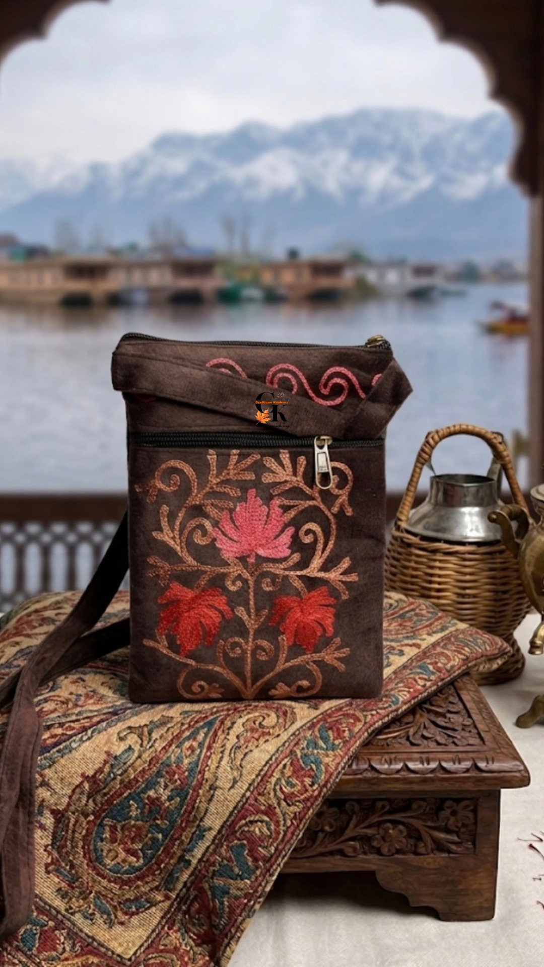 Craftique Kashmiri Embroidered Sling Bag | Deep Chocolate Brown