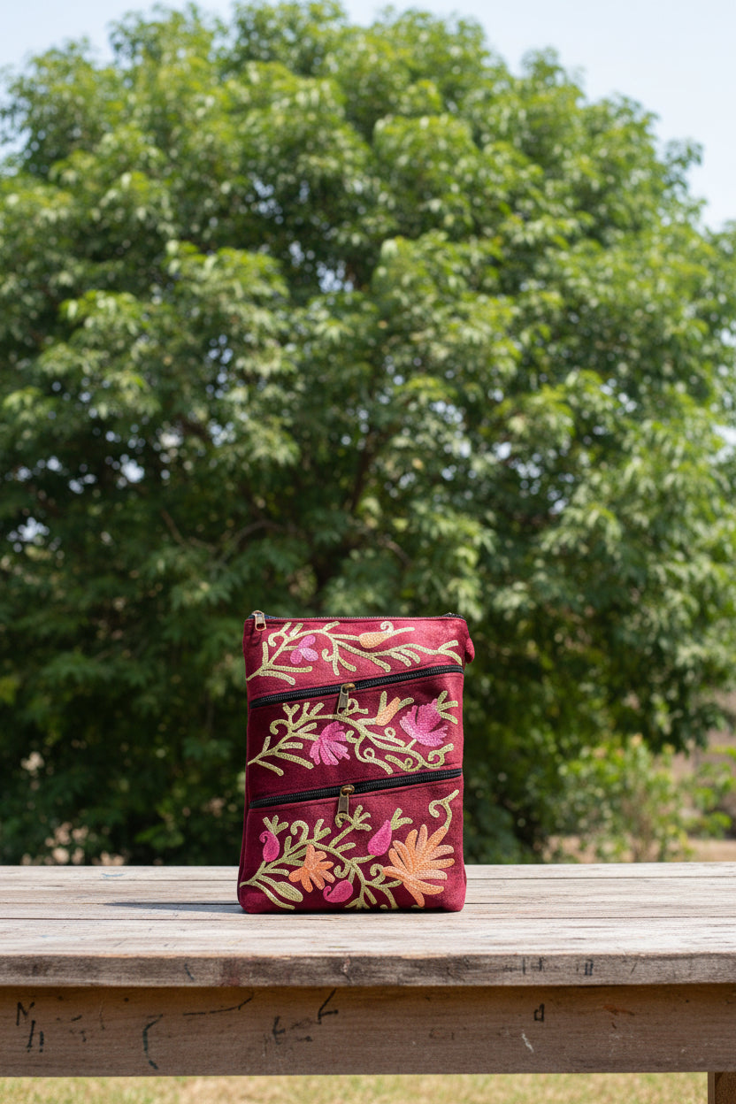 Three Zipper Kashmiri Embroidered Velvet Pouch | Rich Maroon / Deep Burgundy