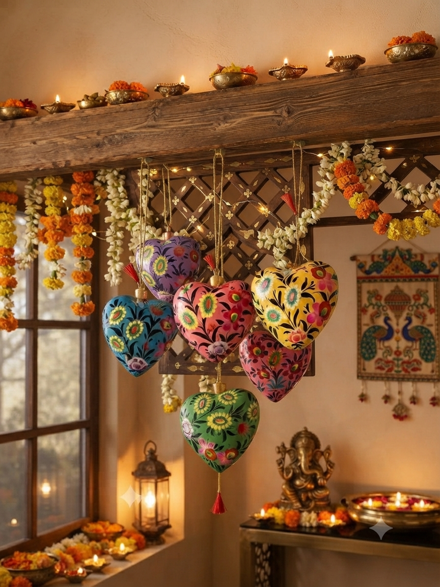 Kashmiri Paper Mache Decorative Hearts | Handmade | Set of 5