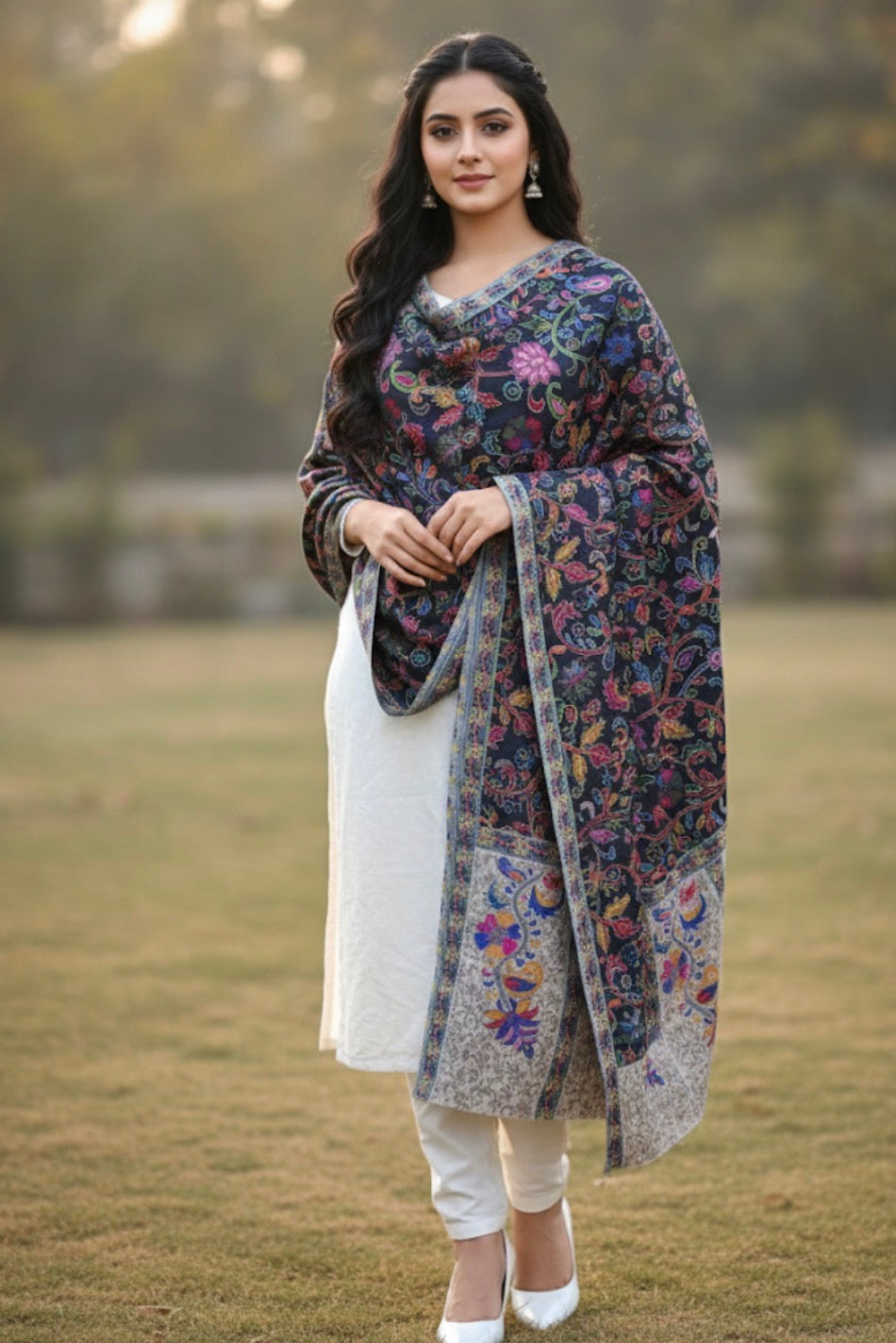 Craftique Premium Soft Silk Kalamkaari Shawl | Black Multicolored Motifs Pattern | Blue Base