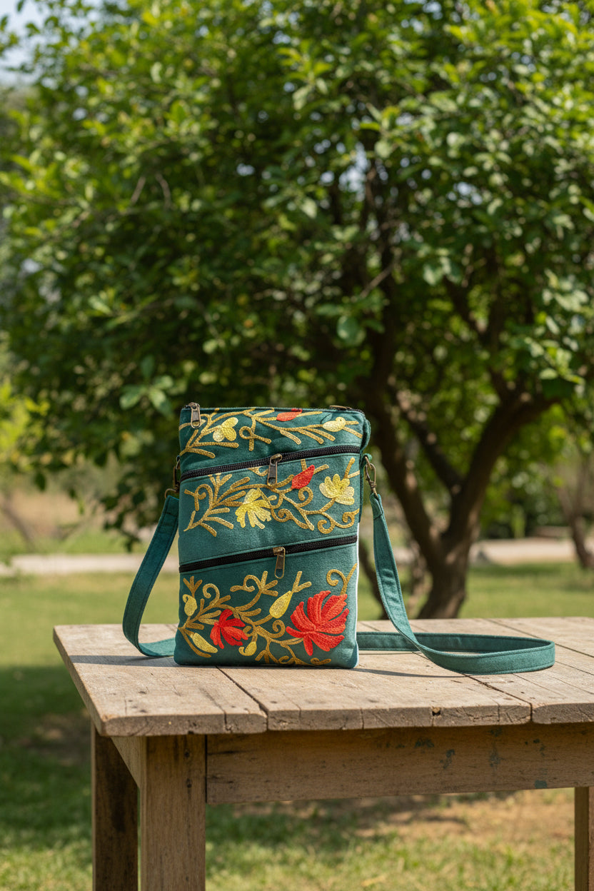 Three Zipper Kashmiri Embroidered Velvet Pouch | Sage Green