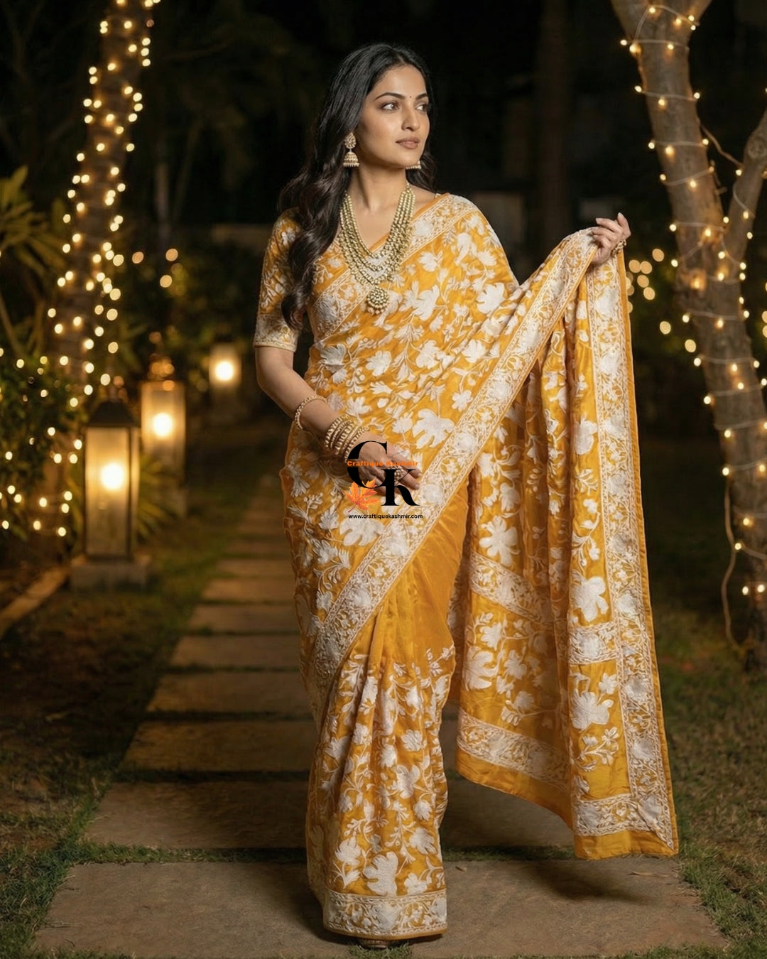 Designer Georgette Saree and Blouse Set | Aari Embroidered | Yellow Base White Embroidered Motifs