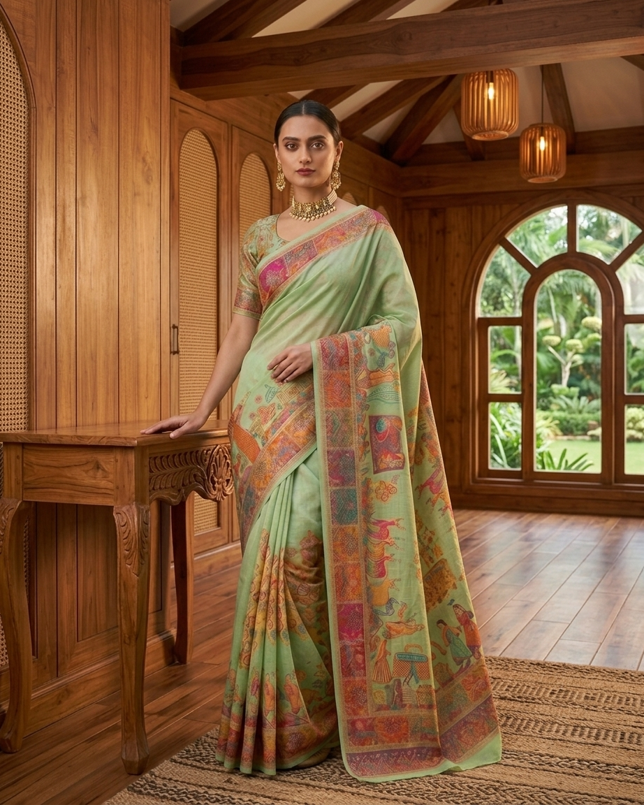 Craftique Kashmir Designer Saree and Blouse Set | Premium Cotton Self Woven | Kalamkaari Pista Green Coloured