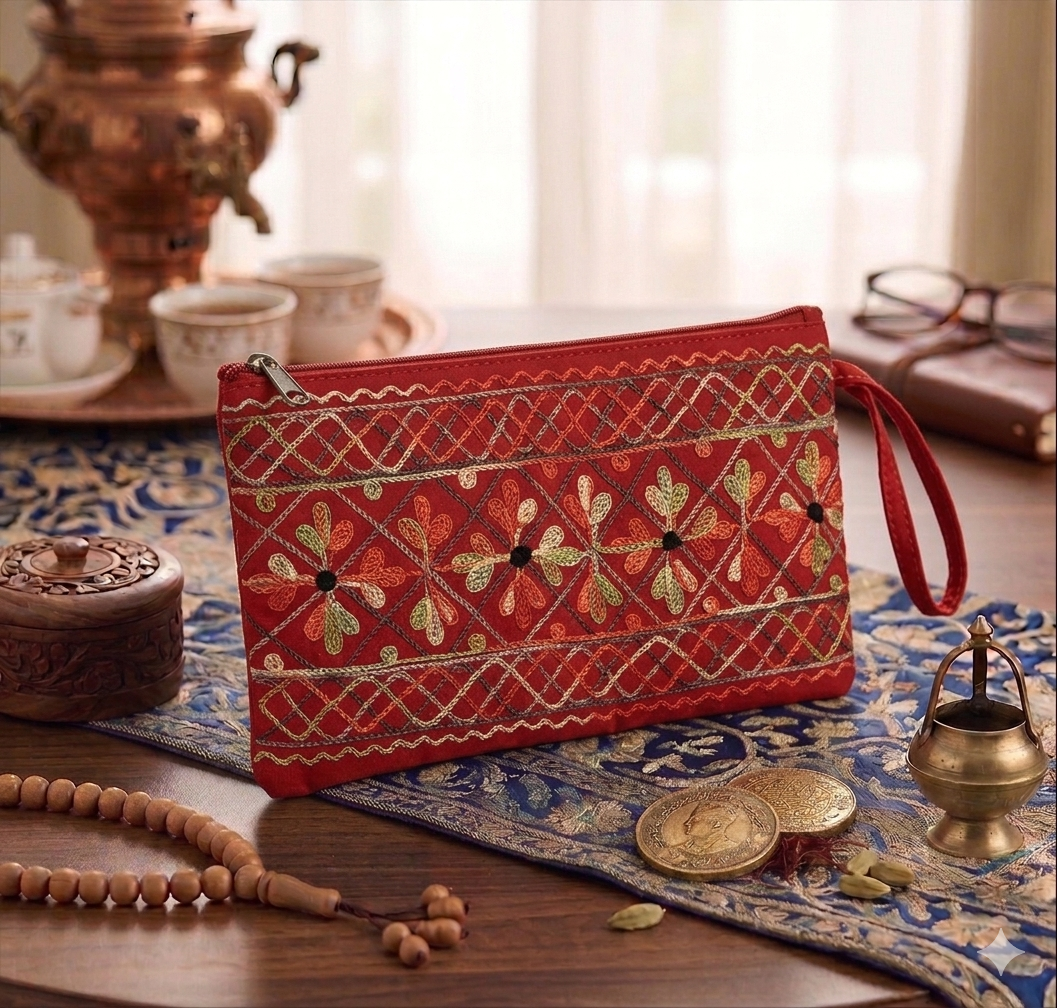 Craftique Kashmiri Embroidered Utility Pouch / Wristlet | Crimson Regal