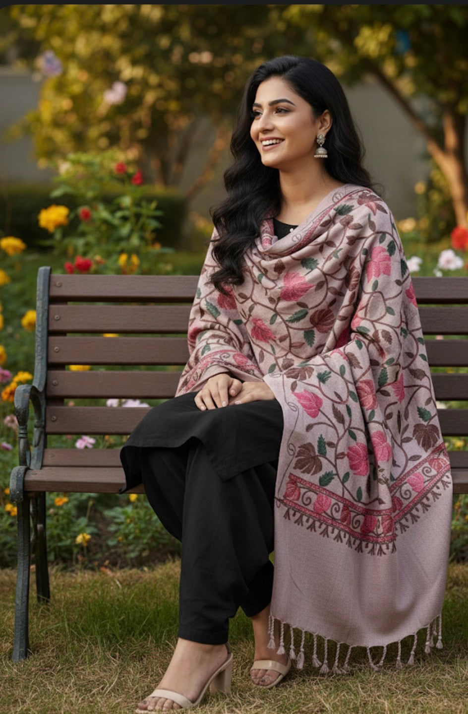 Beige Multicolored Chinar Embroidered Ladies Shawl | Kashmiri Aari Embroidered