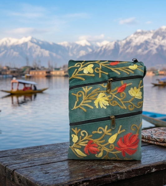 Three Zipper Kashmiri Embroidered Velvet Pouch | Sage Green