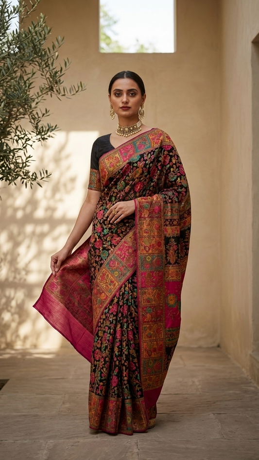 Craftique Kashmir Designer Saree and Blouse Set | Premium Cotton Self Woven | Kalamkaari Black Colorful Motifs