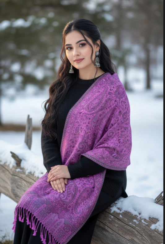 Semi Pashmina Kani Stole | Pink Paisley Colored | Kashmiri Woven Stole