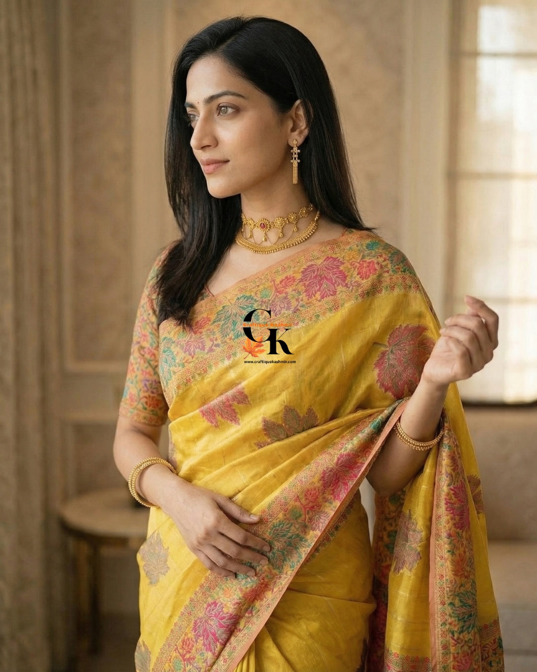 Craftique Kashmir Designer Saree and Blouse Set | Premium Cotton Self Woven | Kalamkaari Gold Yellow Coloured