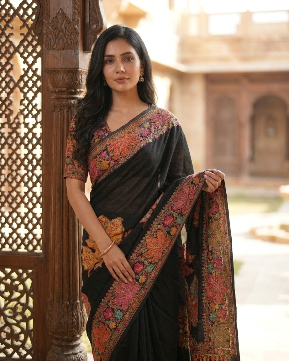 Craftique Kashmir Designer Saree and Blouse Set | Premium Cotton Self Woven | Chinar Embroidery Royal Black Coloured