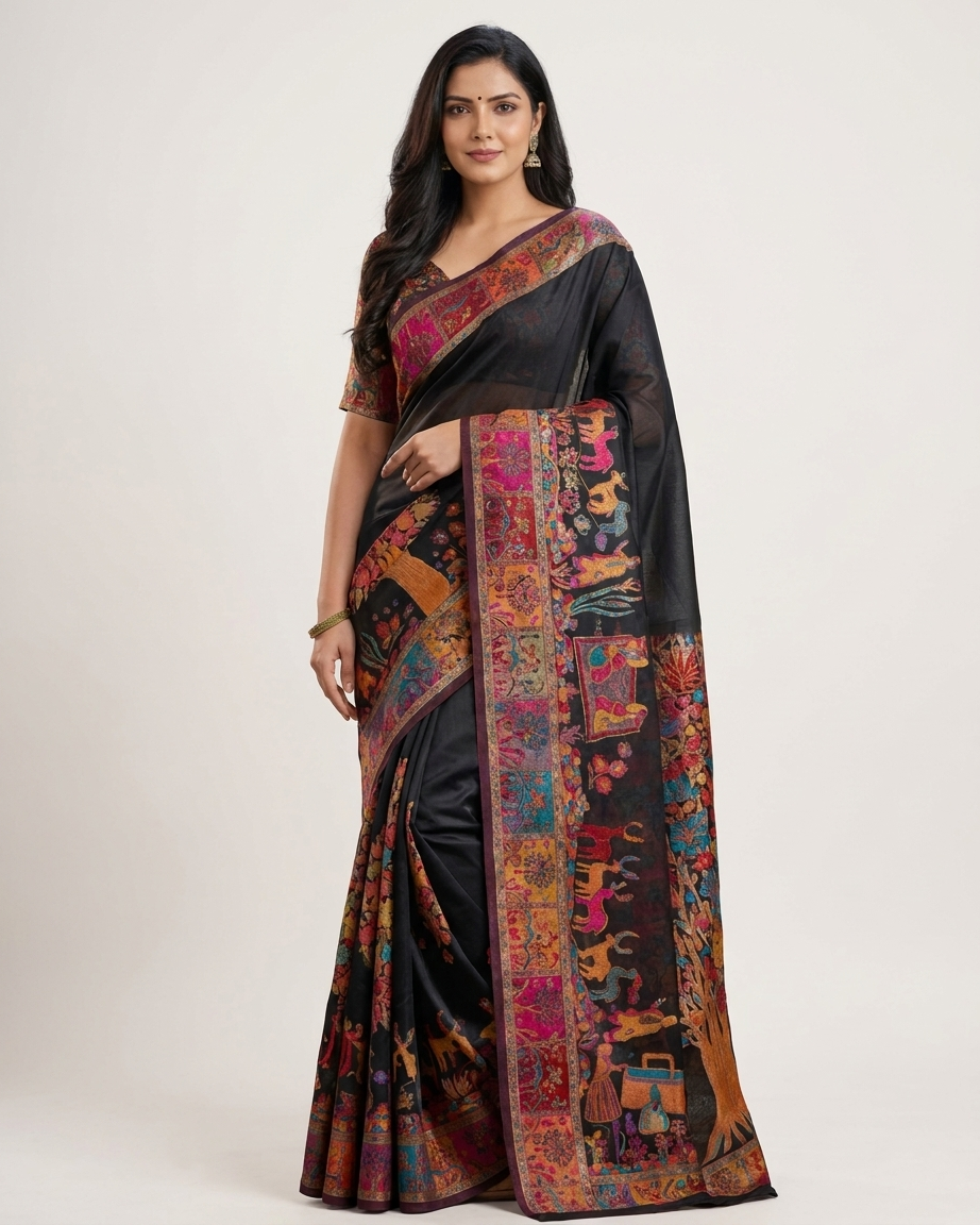 Craftique Kashmir Designer Saree and Blouse Set | Premium Cotton Self Woven | Kalamkaari Black Coloured