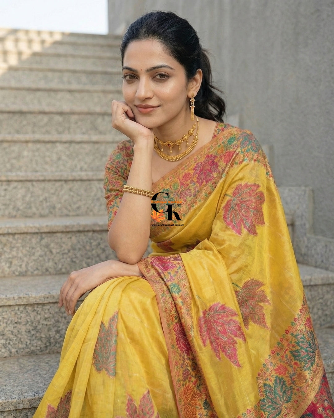 Craftique Kashmir Designer Saree and Blouse Set | Premium Cotton Self Woven | Kalamkaari Gold Yellow Coloured