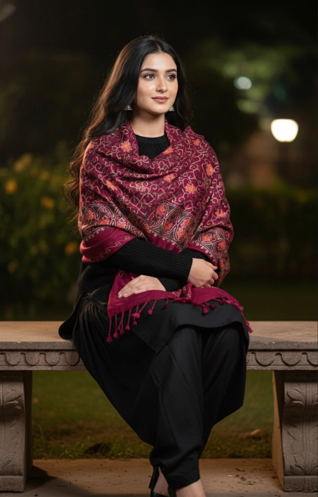 Dark Red Colored Embroidered Kashmiri Stole | Aari Embroidered