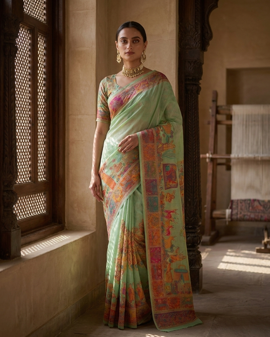 Craftique Kashmir Designer Saree and Blouse Set | Premium Cotton Self Woven | Kalamkaari Pista Green Coloured