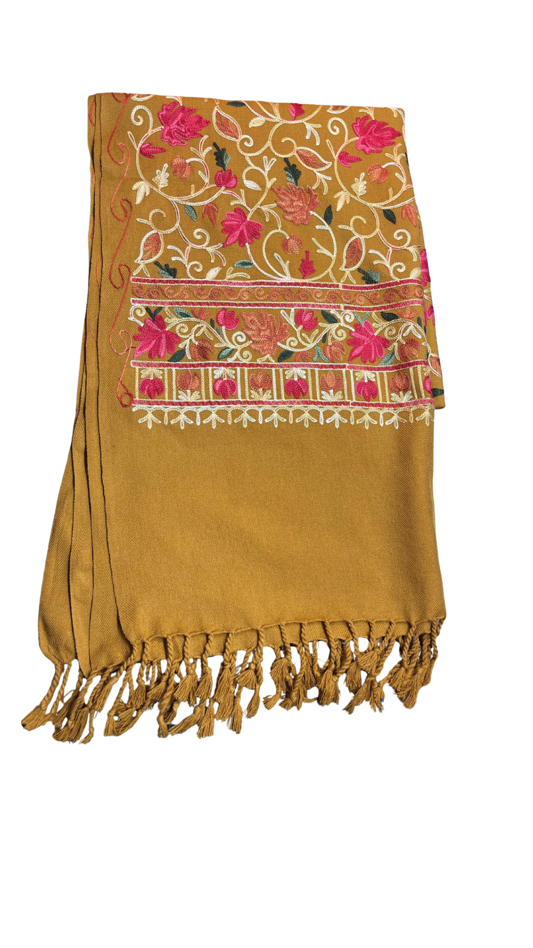 Mustard Multicolored Motifs Embroidered Ladies Stole | Kashmiri Aari Embroidered