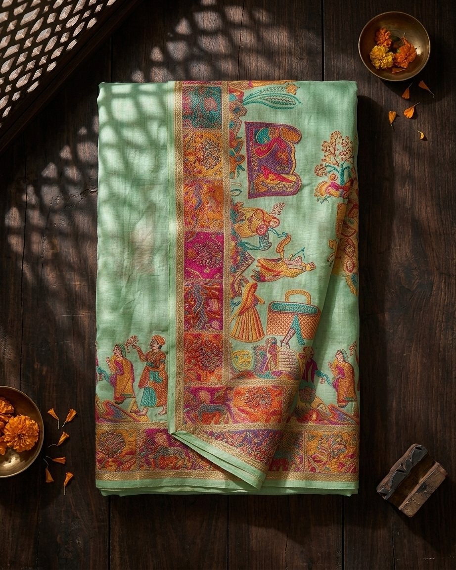 Craftique Kashmir Designer Saree and Blouse Set | Premium Cotton Self Woven | Kalamkaari Pista Green Coloured