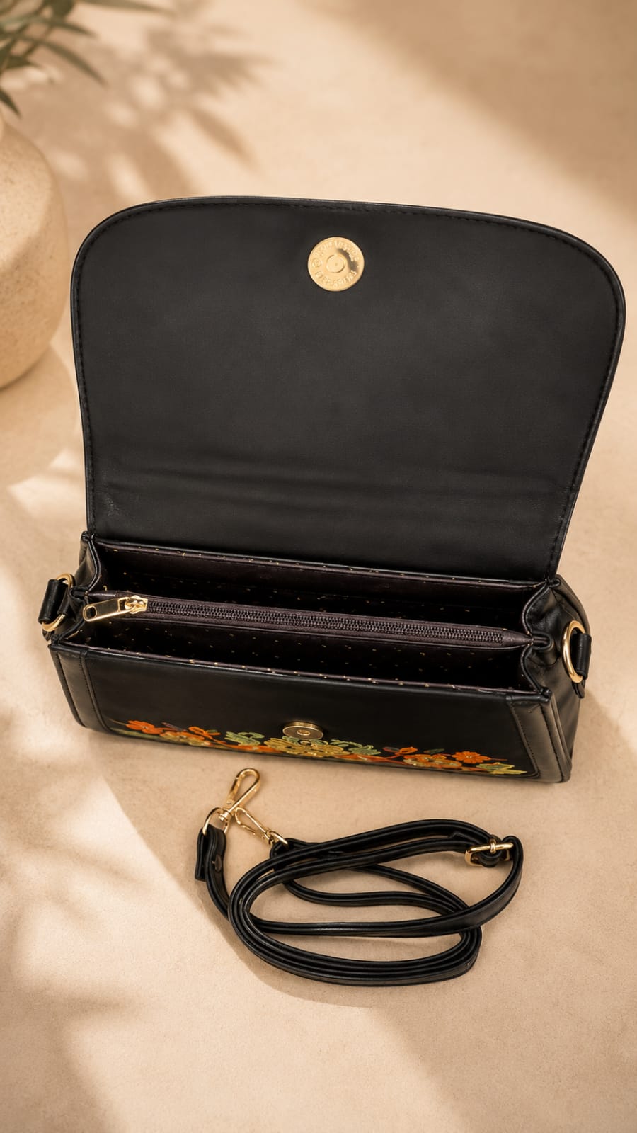 Premium Black Kashmiri Aari Embroidered Floral Sling Bag with Detachable & Adjustable Strap