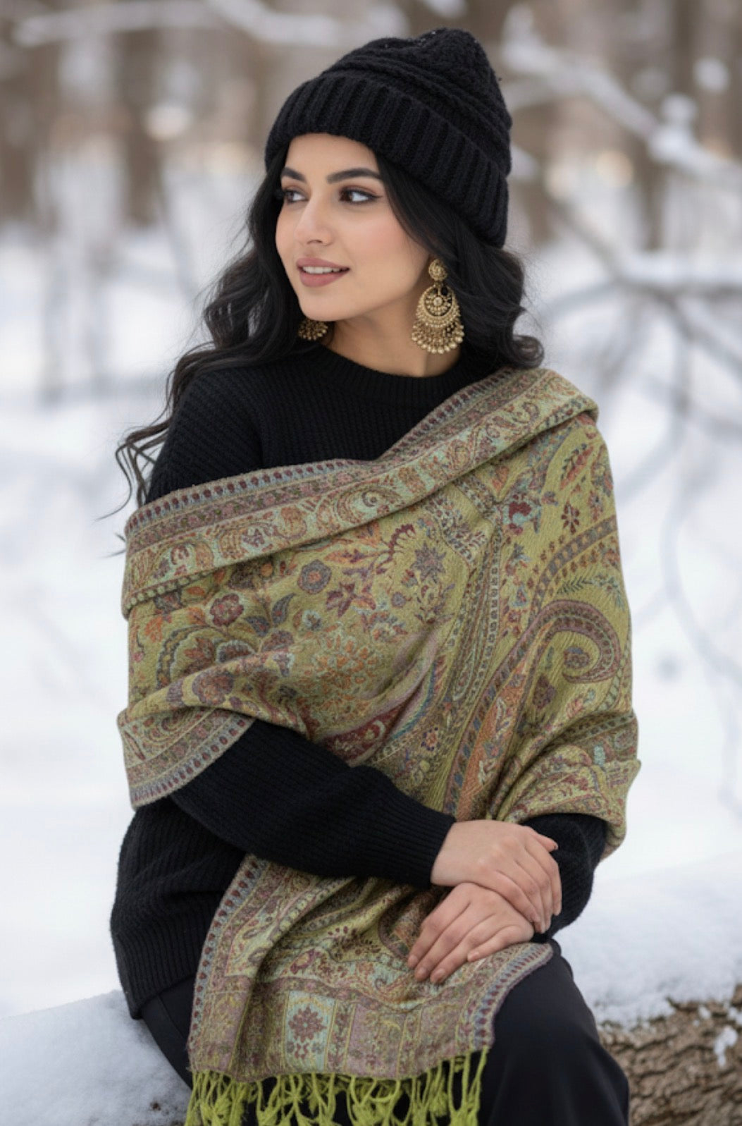 Semi Pashmina Kashmiri Stole | Light Green Colored | Paisley Kani Stole