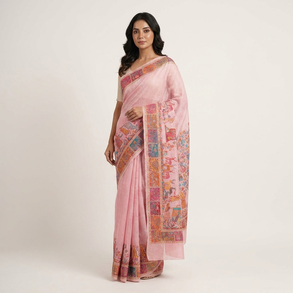 Craftique Kashmir Designer Saree and Blouse Set | Premium Cotton Self Woven | Kalamkaari Pink Coloured