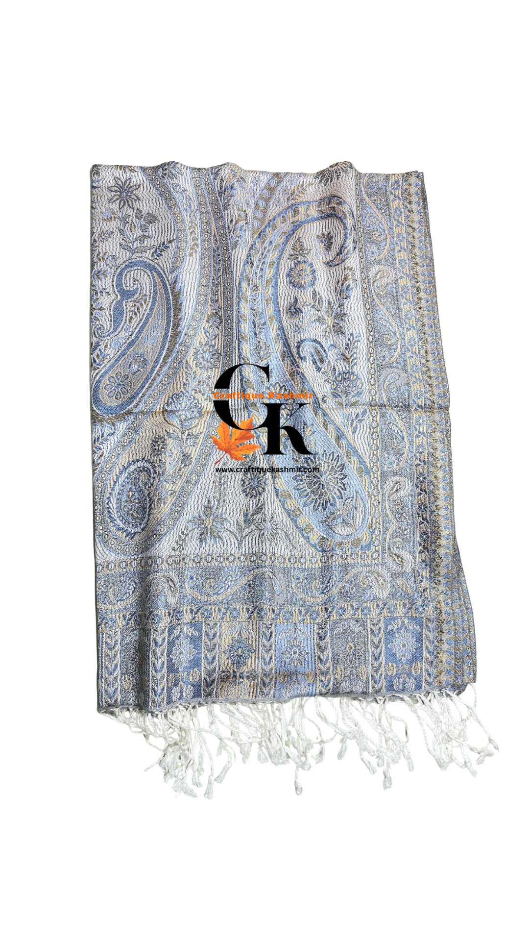Semi Pashmina Kani Stole | Light Grey Paisley Colored | Kashmiri Woven Stole