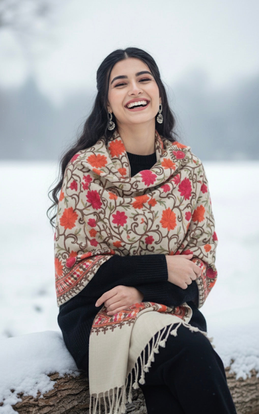 Beige Colored Embroidered Kashmiri Shawl | Aari Embroidered