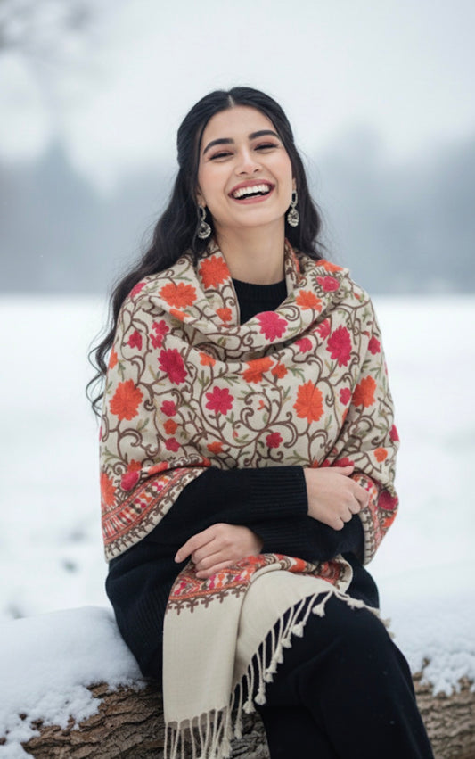 Beige Colored Embroidered Kashmiri Shawl | Aari Embroidered