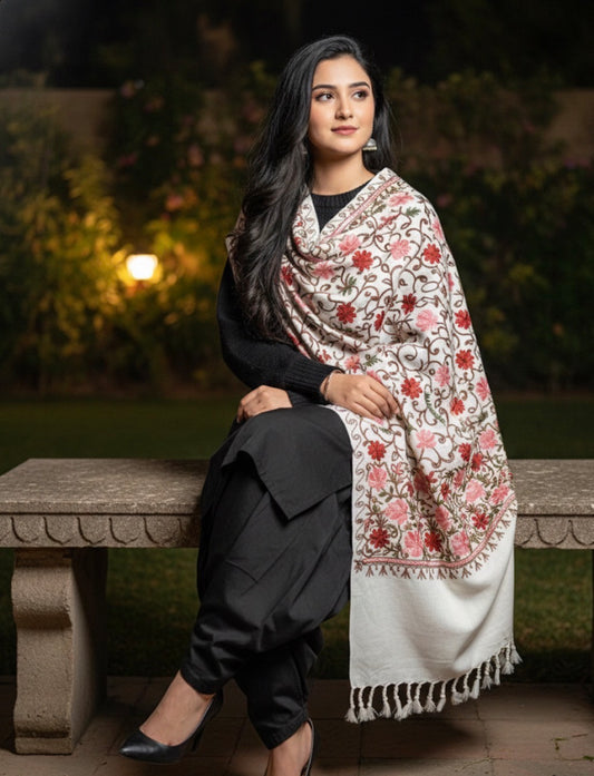 Kashmiri Embroidered White Shawl | White & Multicolor | Aari Embroidered