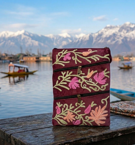 Three Zipper Kashmiri Embroidered Velvet Pouch | Rich Maroon / Deep Burgundy
