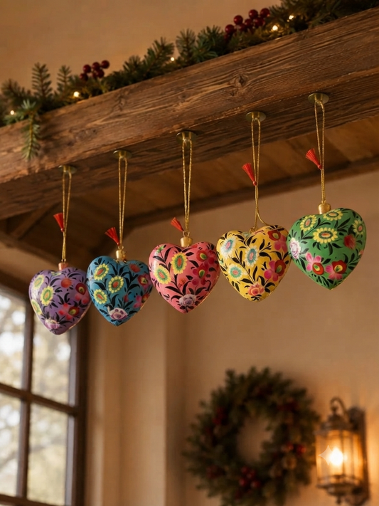 Kashmiri Paper Mache Decorative Hearts | Handmade | Set of 5