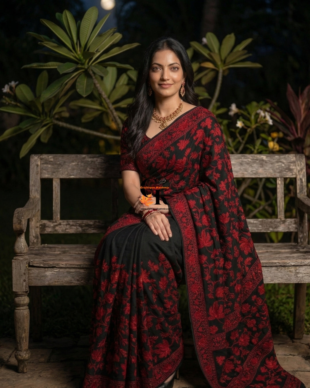 Designer Georgette Saree and Blouse Set | Aari Embroidered | Black Base Red Embroidered Motifs