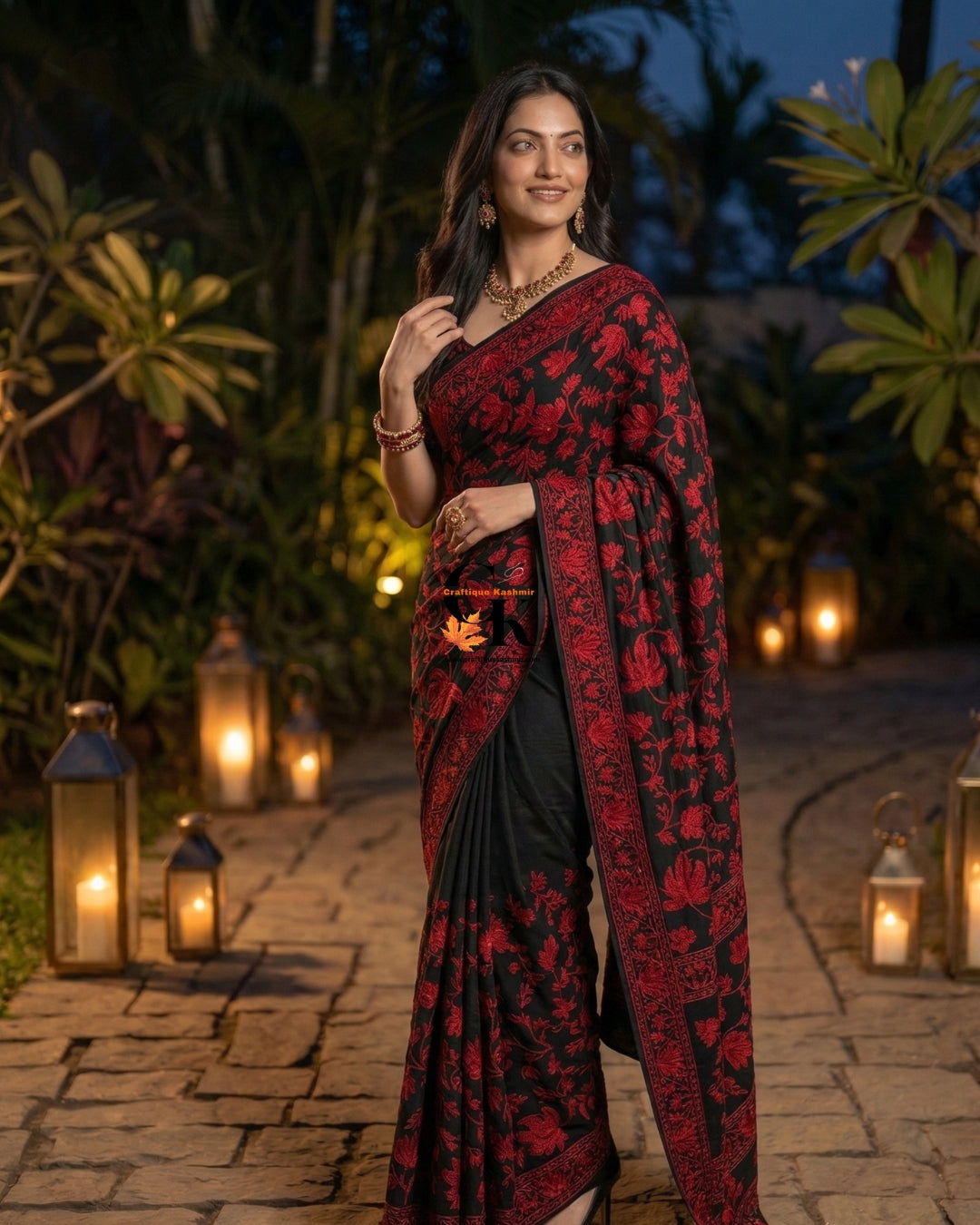 Designer Georgette Saree and Blouse Set | Aari Embroidered | Black Base Red Embroidered Motifs