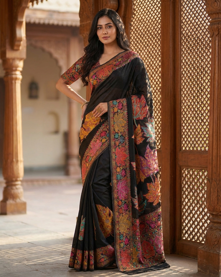 Craftique Kashmir Designer Saree and Blouse Set | Premium Cotton Self Woven | Chinar Embroidery Royal Black Coloured
