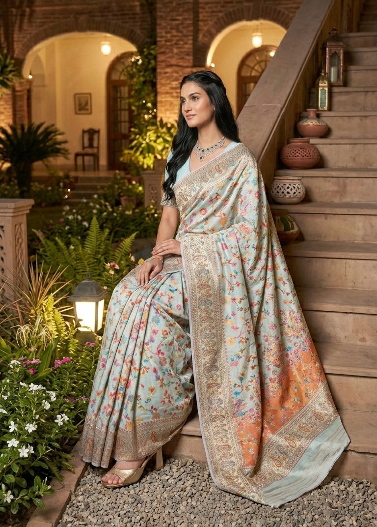 Craftique Kashmir Ethereal Pastel Floral Saree Silk Saree with Vibrant Contrast Border and Blouse Set