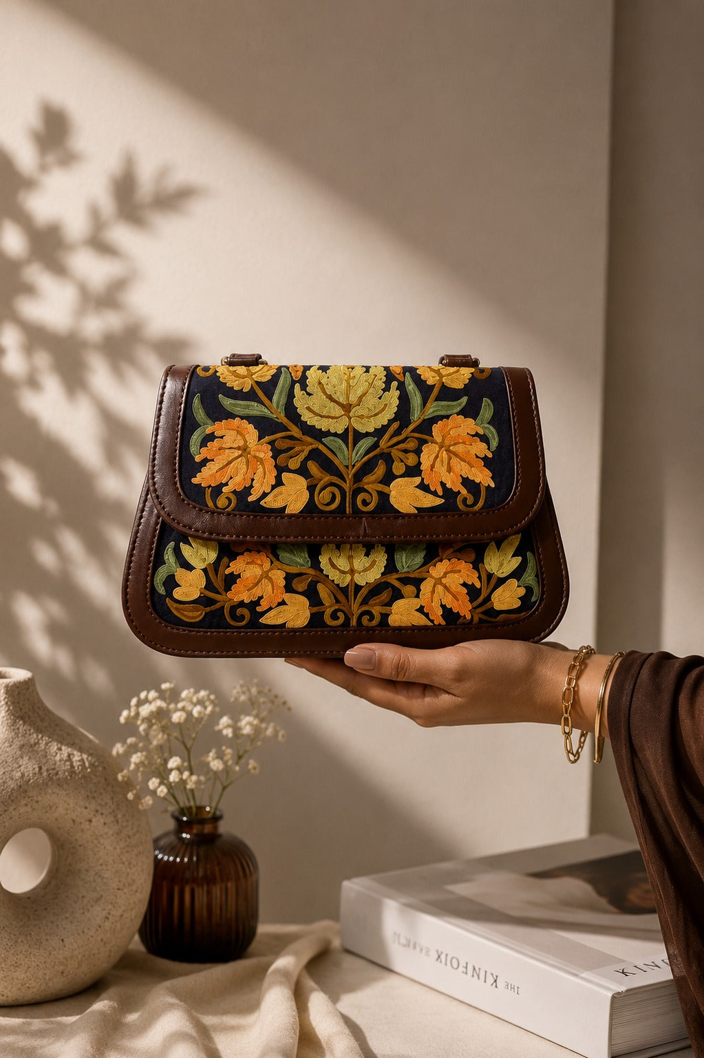 Premium Chocolate Brown Kashmiri Aari Embroidered Floral Sling Bag with Detachable & Adjustable Strap