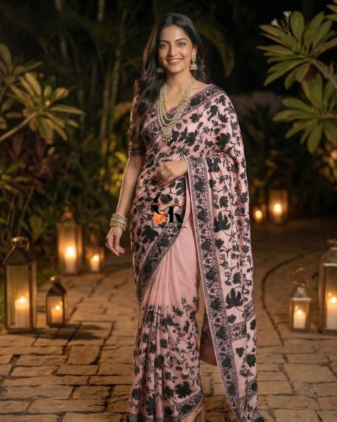 Designer Georgette Saree and Blouse Set | Aari Embroidered | Light Pink Base Black Embroidered Motifs