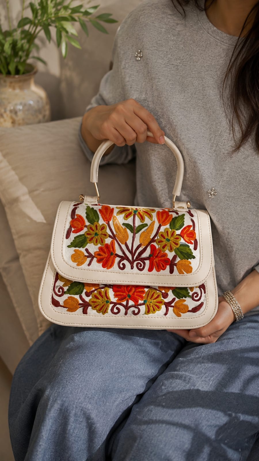 Premium Beige Kashmiri Aari Embroidered Floral Sling Bag with Detachable & Adjustable Strap