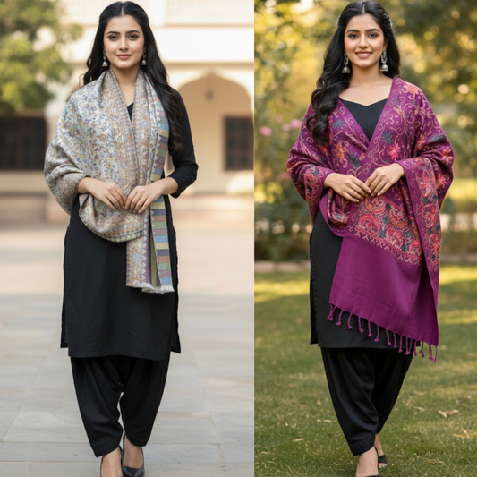Craftique Kashmir - Combo Offer _ White Kani Tussar Silk Stole & Magenta Woolen Shawl