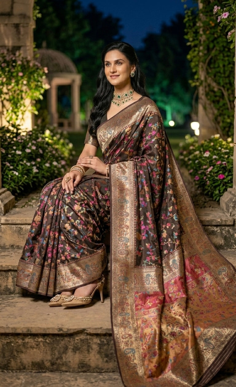Craftique Kashmir Ethereal Midnight Coffee Silk Saree with Vibrant Contrast Border and Blouse Set