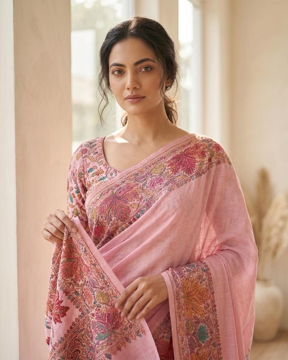 Craftique Kashmir Designer Saree and Blouse Set | Premium Cotton Self Woven | Chinar Embroidery Stylish Pink Coloured