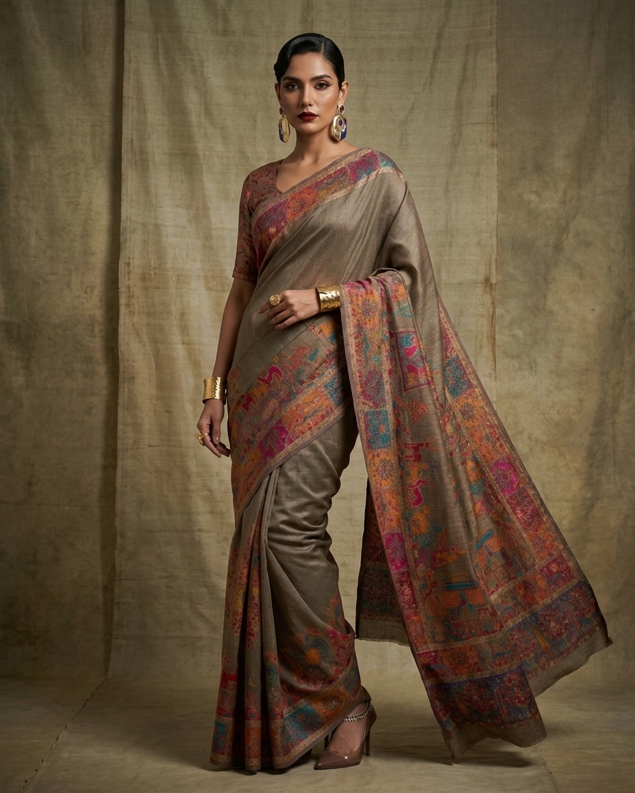 Craftique Kashmir Designer Saree and Blouse Set | Premium Cotton Self Woven | Kalamkaari Grey Coloured