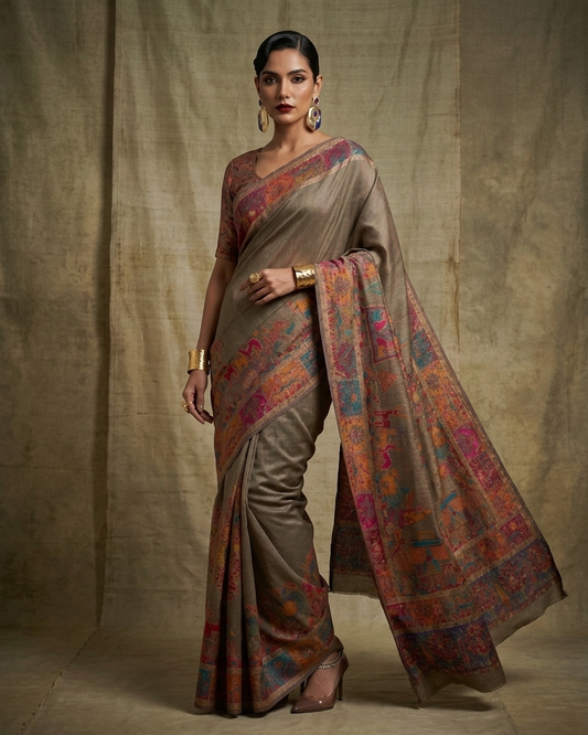 Craftique Kashmir Designer Saree and Blouse Set | Premium Cotton Self Woven | Kalamkaari Grey Coloured