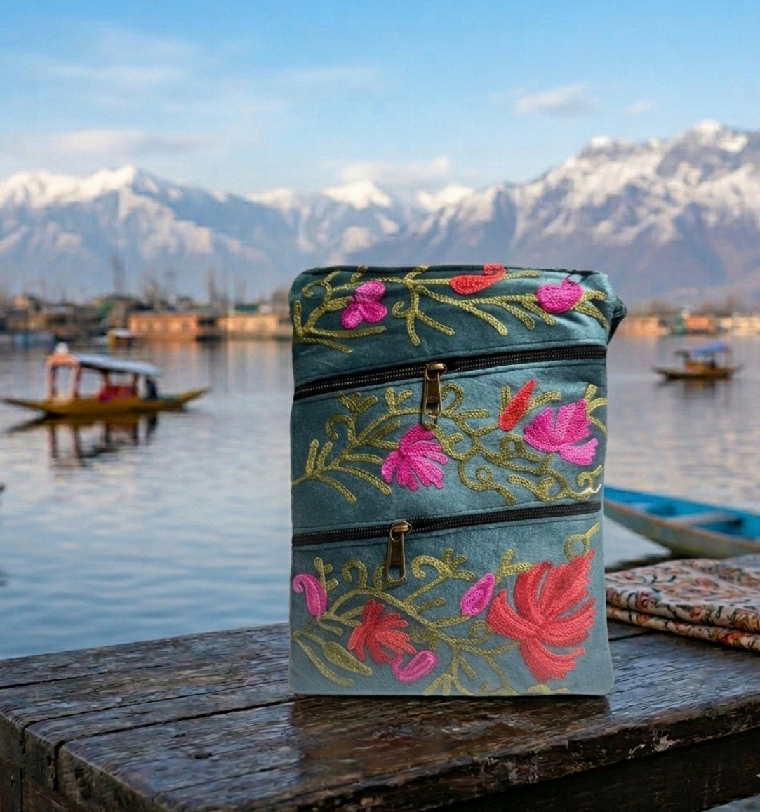 Three Zipper Kashmiri Embroidered Velvet Pouch | Alpine Snow