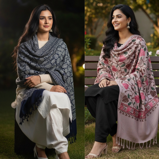 Craftique Kashmir - Combo Offer _ Black & Beige Embroidered Shawls