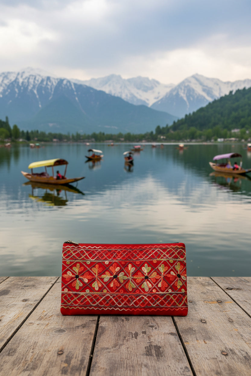 Craftique Kashmiri Embroidered Utility Pouch / Wristlet | Crimson Regal