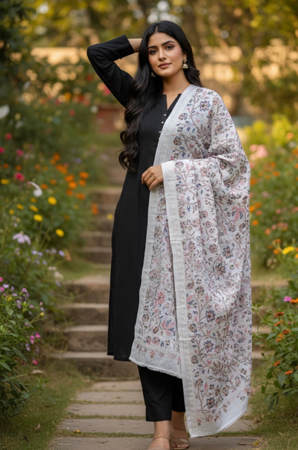 Craftique Premium Soft Silk Kalamkaari Stole | Pink Blue Flower Pattern | White Base