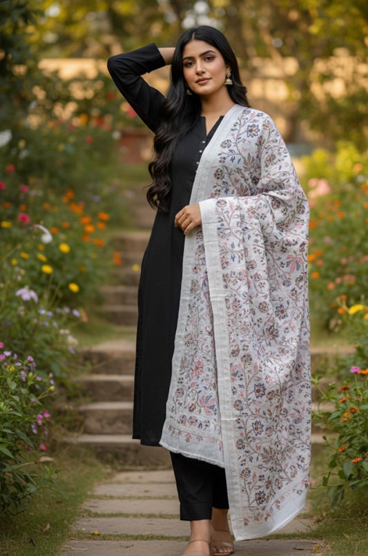 Craftique Premium Soft Silk Kalamkaari Stole | Pink Blue Flower Pattern | White Base