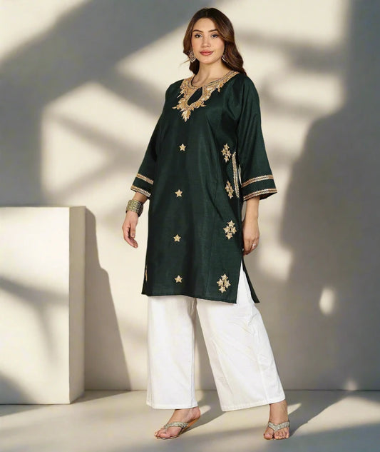 Silk Pheran | Tilla Embroidered | Black Forest Green