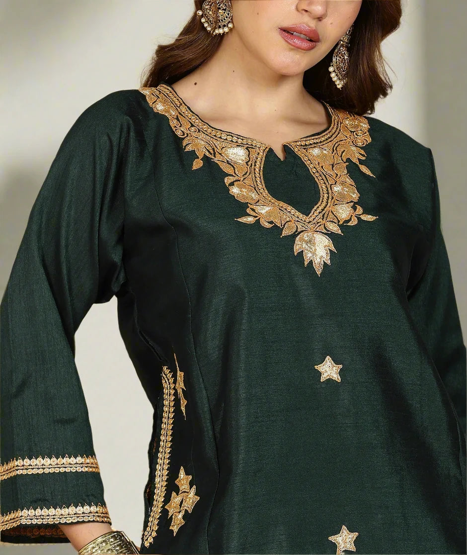 Silk Pheran | Tilla Embroidered | Black Forest Green