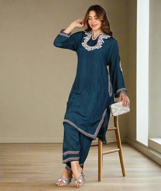Tilla Embroidered Summer Pheran Set | Blue Colored